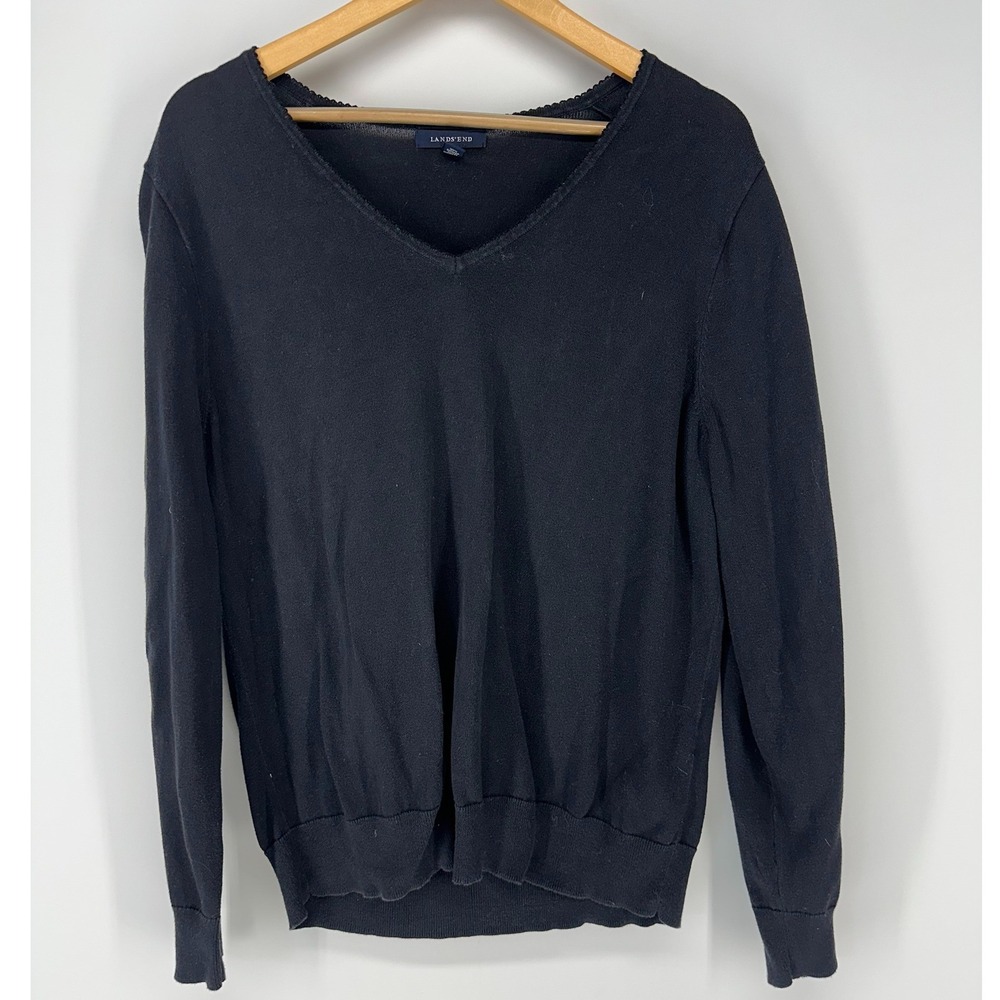 Lands End Sweater Womens XL 18 Black Supima V-Neck Picot Long Sleeve Pullover